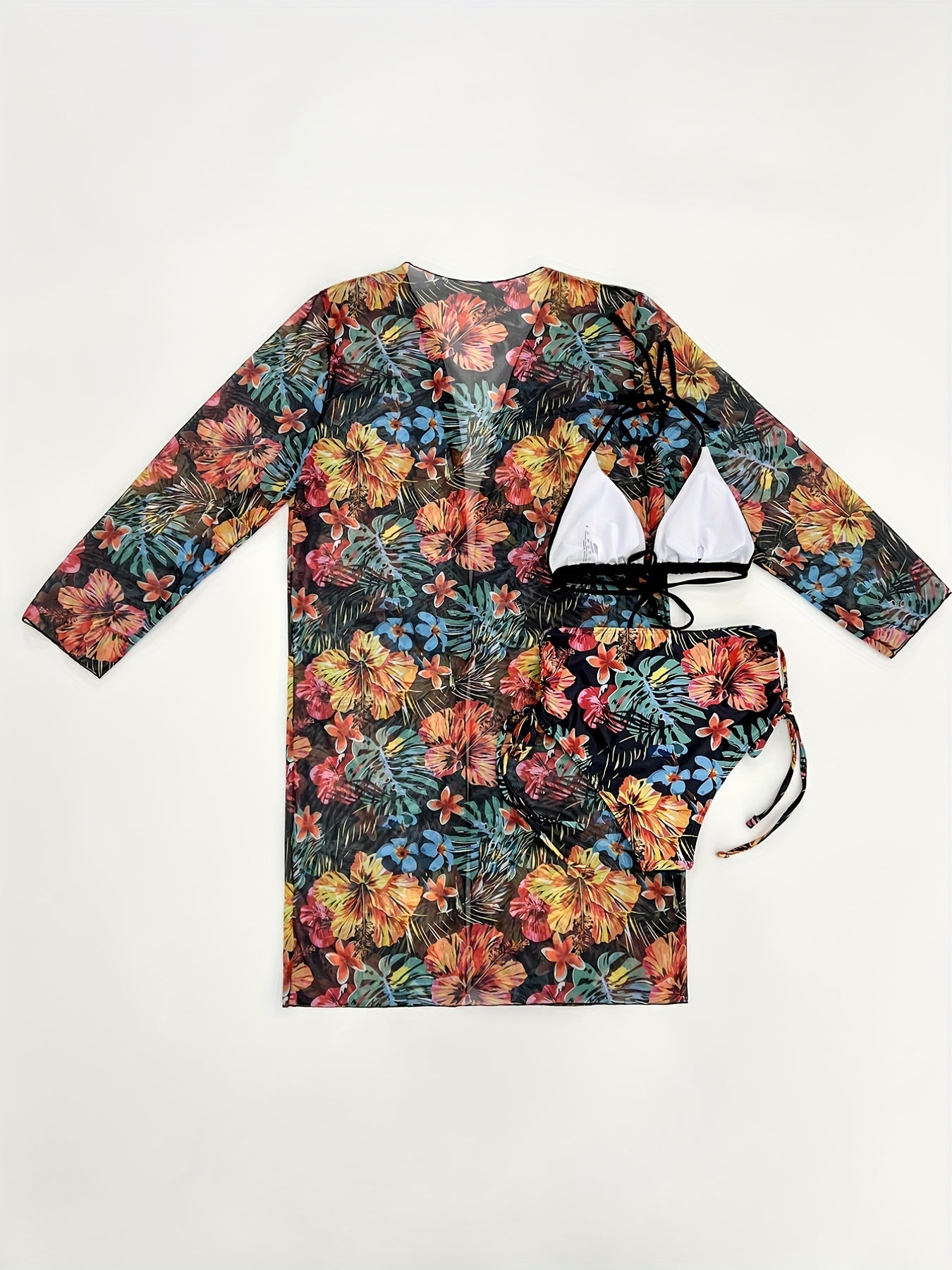 Floral Print Bikini Set Halter High Waist Swimsuit Kimono Cover Up