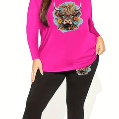 Women's Plus Floral Cow Print Long Sleeve Top & Leggings Set