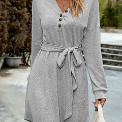 Heathered Long Sleeve V Neck Button Dress With Belt