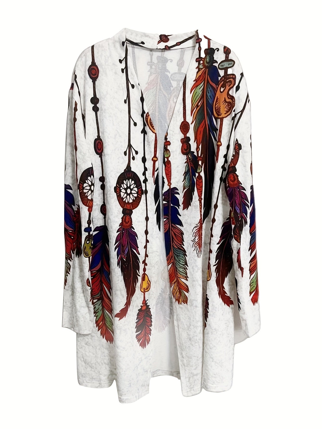 Feather Print Open Front Cardigan Long Sleeve Outwear