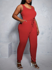 Casual Tank Jumpsuit Solid Round Neck Drawstring With Pockets
