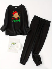 Gingerbread Man & Letter Print Fleece Top & Tie Pants Pajamas Set