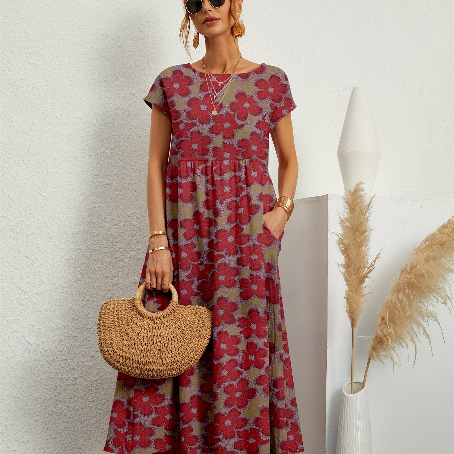 Vintage Floral Print Ruched Dress