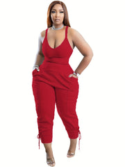 Solid Two-piece Set Cross Crop Tank Top & High Waist Pants