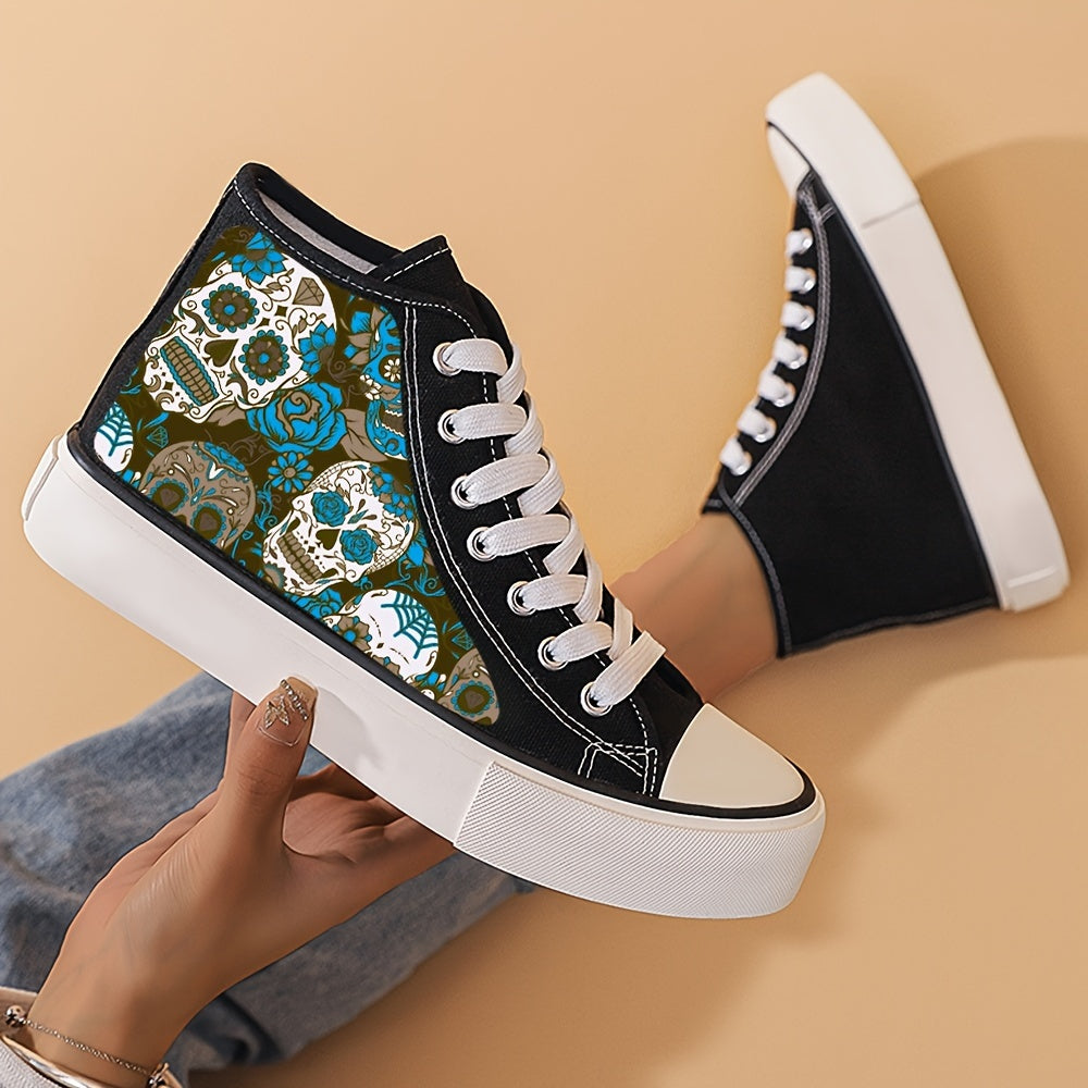 Skull & Flower Print Canvas High Top Sneakers