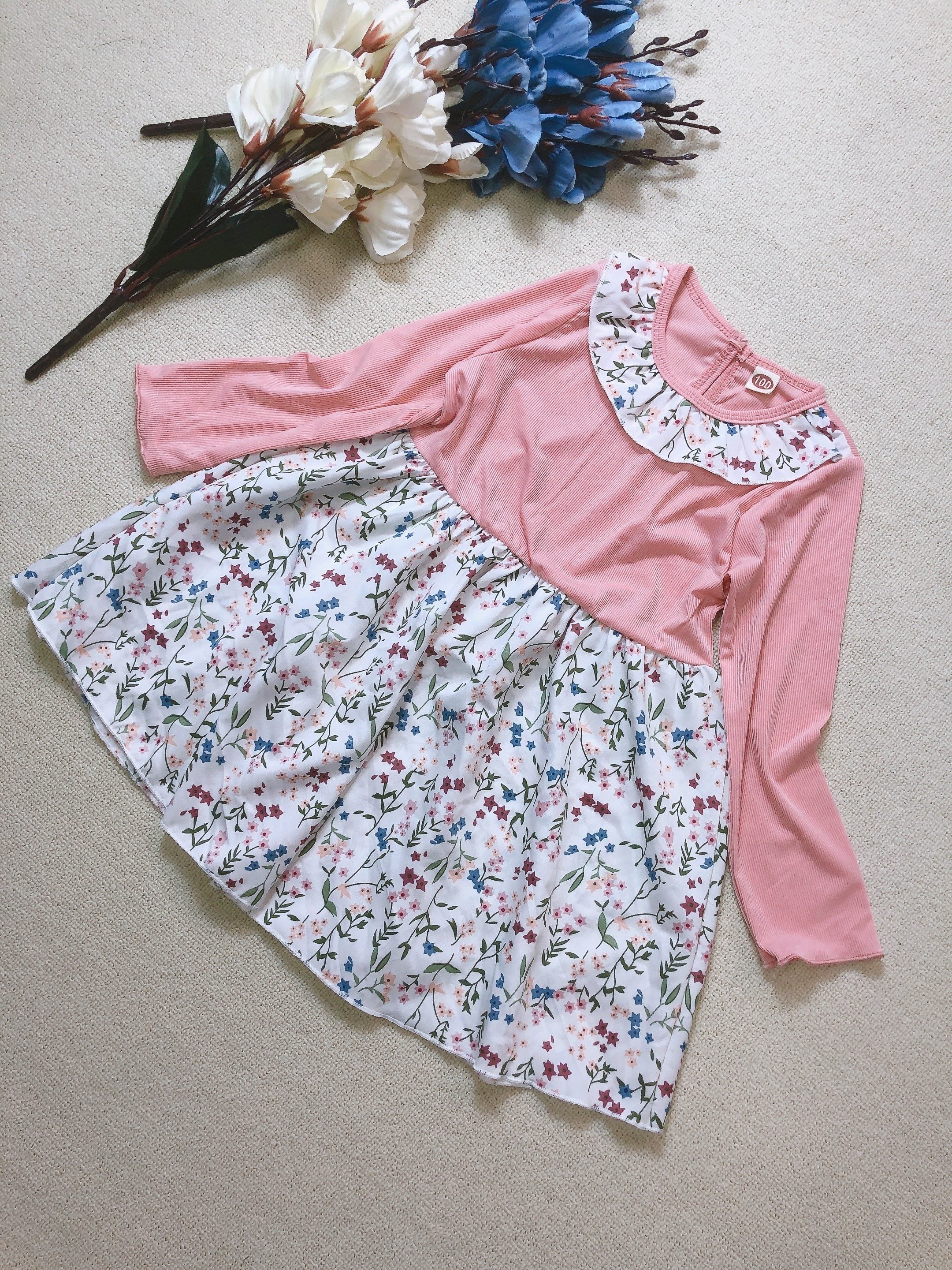 Floral Ruffle Collar Long Sleeve Dress For Girls