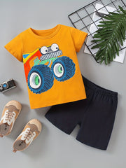 Boys Off-road Vehicle Print Outfit Round Neck T-shirt & Shorts