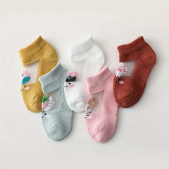 5 Pairs Kids Summer Thin Breathable Mesh Cotton Socks, Cartoon Short Socks