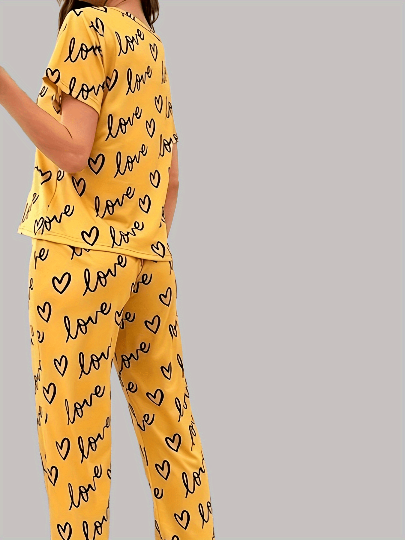 Heart & Letter Print Lounge Set Short Sleeve Top & Pants Women's Sleepwear