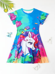 Girls Rainbow Unicorn 3D Print Dress Party Summer Kids Gift