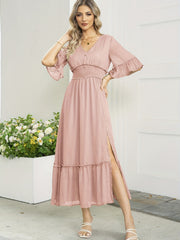 Ruffle Trim Solid Dress Shirred V Neck Split Thigh Dress Women's Clothing