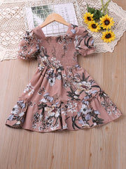 Toddler Girls Puff Sleeve Frill Trim Floral Ruffle Princess Dress
