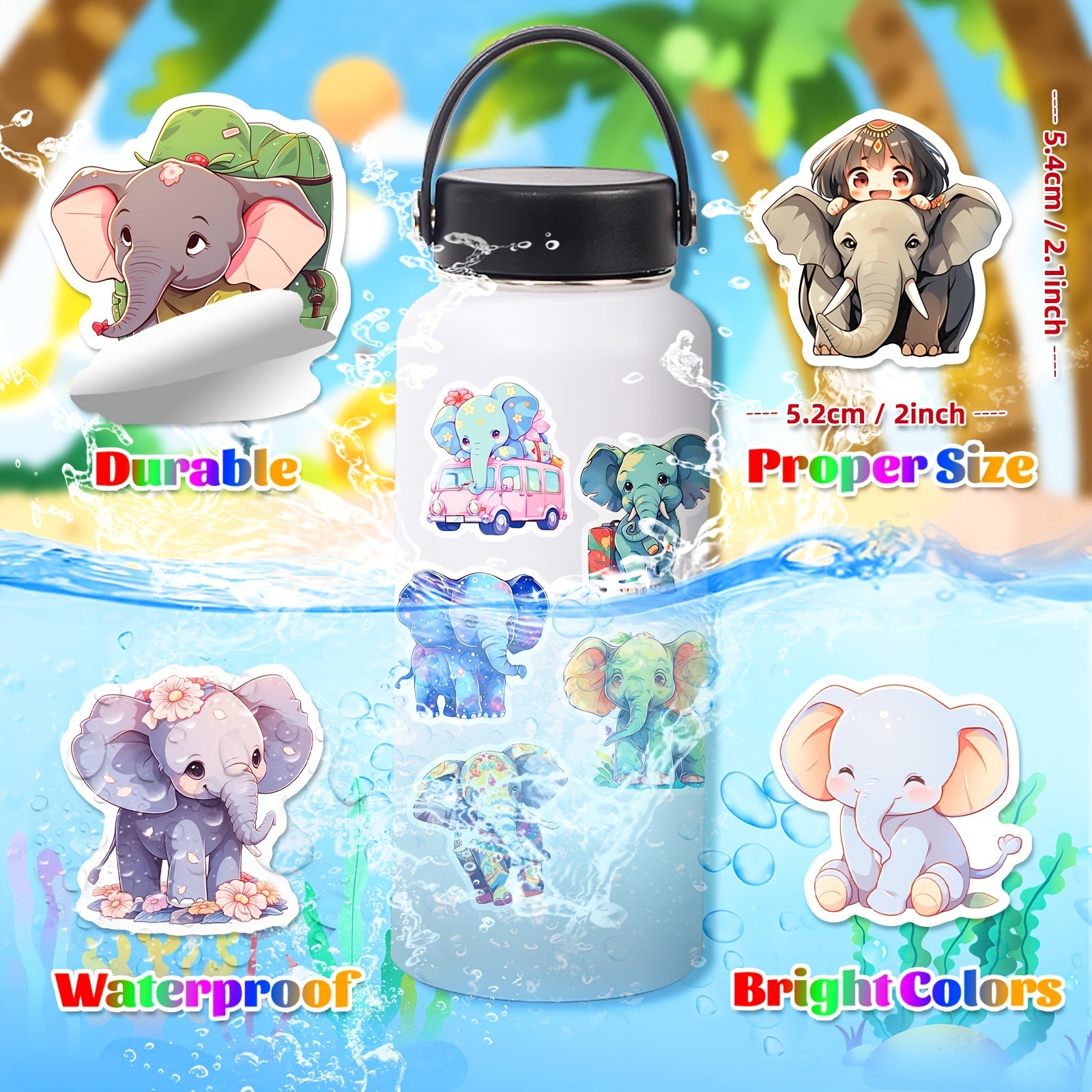 50pcs Cartoon Elephant Waterproof Vinyl Animal Stickers