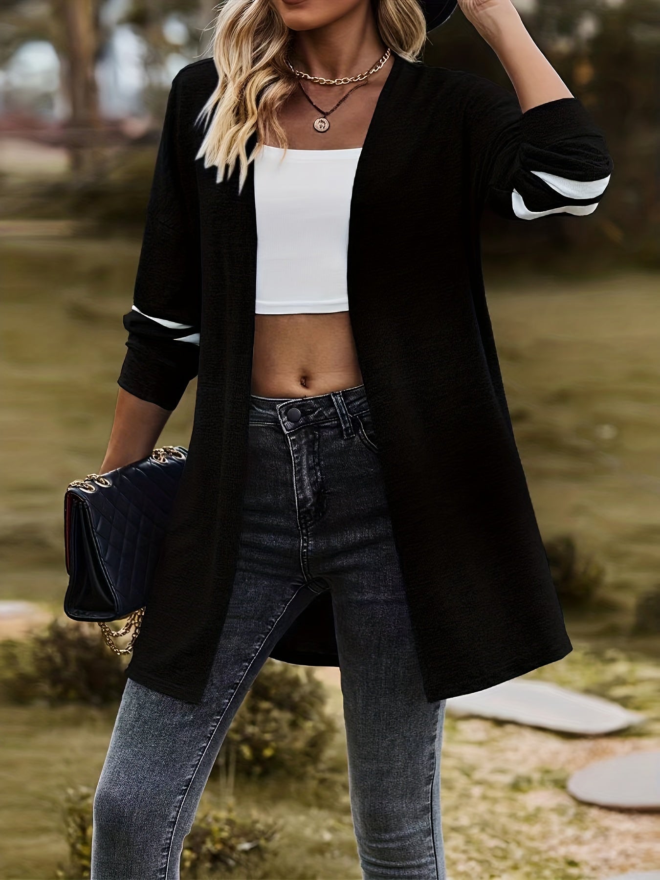 Casual Cardigan Women's Plus Stripe Print Long Sleeve Open Front