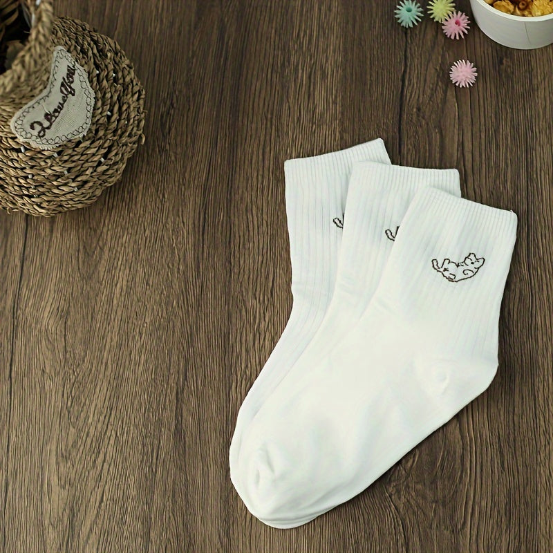 3 Pairs Cartoon Cat Print Socks Comfy & Mid Tube Socks Women's Stockings