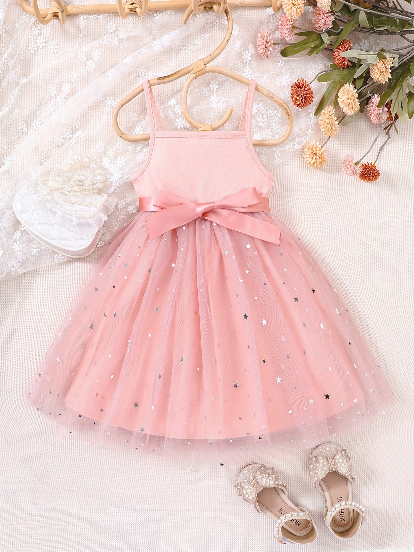 Toddler Girls Stars Mesh Overlay Belted Cami Princess Dress