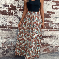 Paisley Print Splicing Maxi Dress Sleeveless Crew Neck