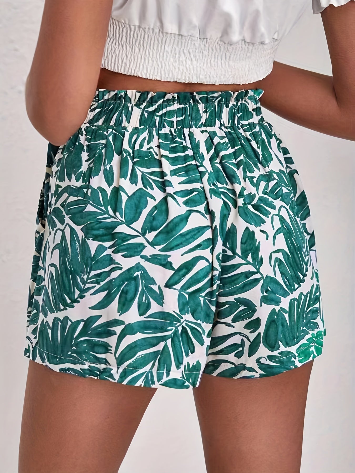 Leaves Print Vacation Shorts Elastic Waist Women's Clothing