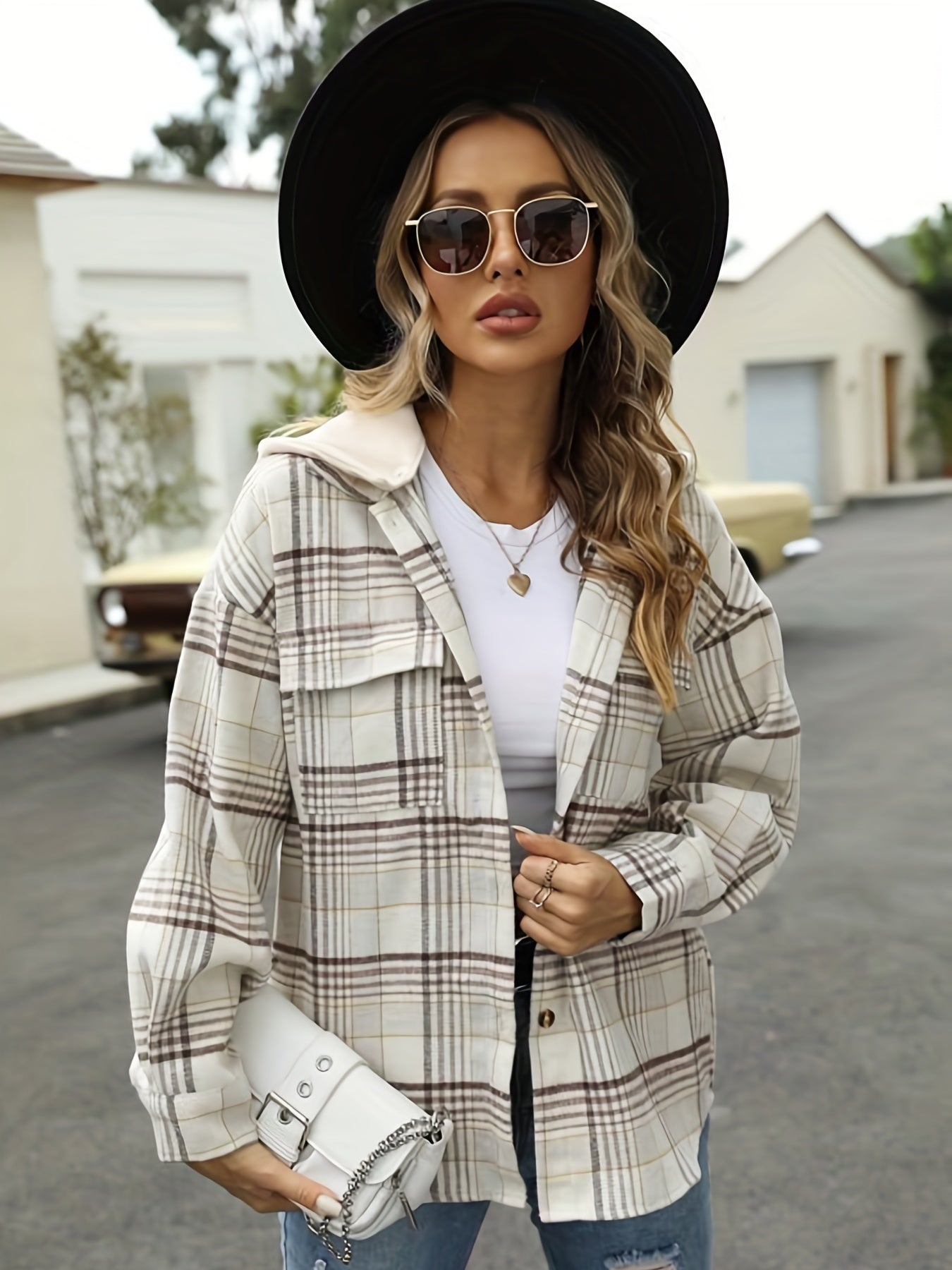 Plaid Hooded Jacket Casual Outwear For Fall & Winter Women's Clothing