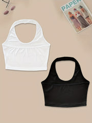 2pcs Solid Ribbed Halter Tops Crew Neck Backless Crop Top Women's Lingerie