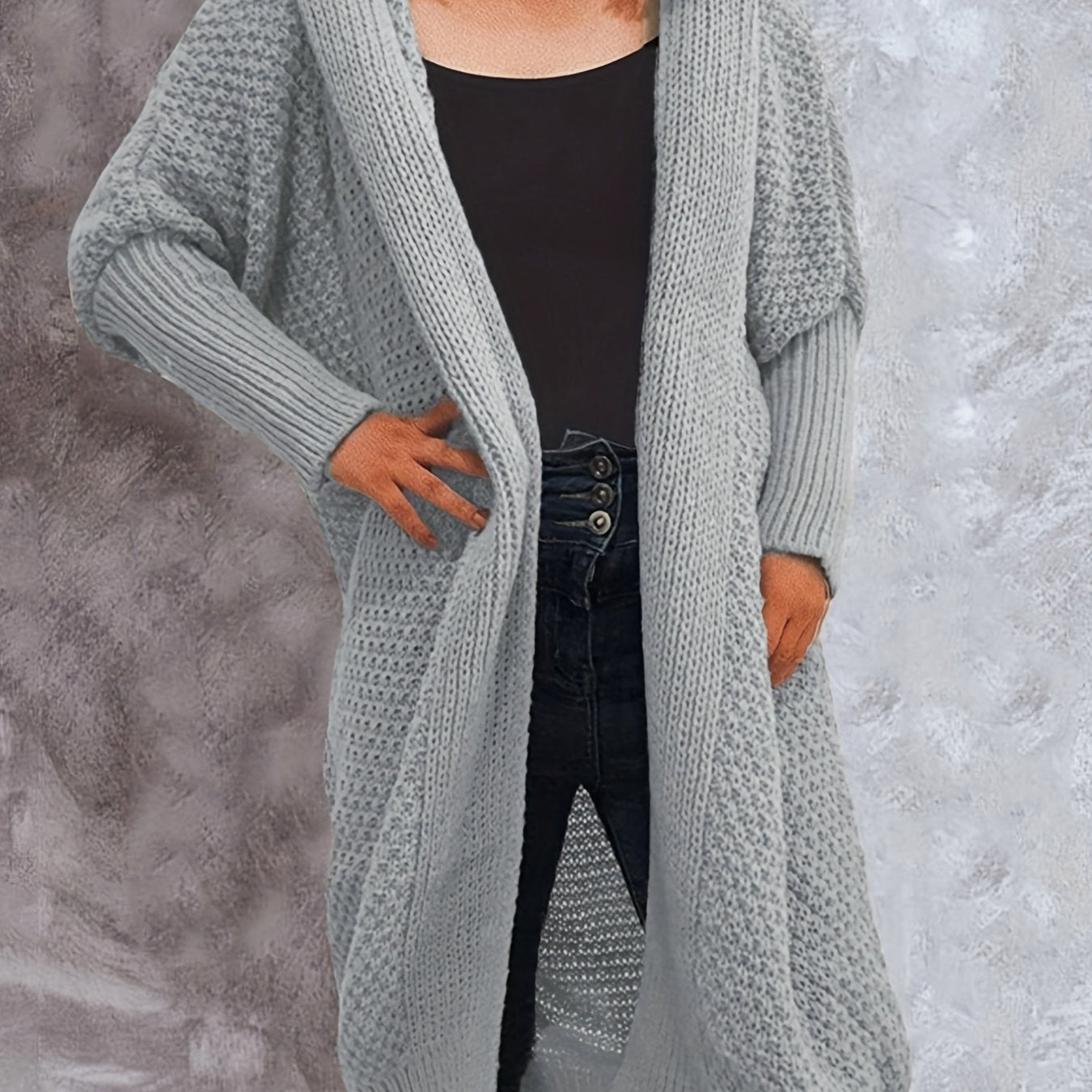 Solid Bat Sleeve Long Knit Hoodie Cardigan