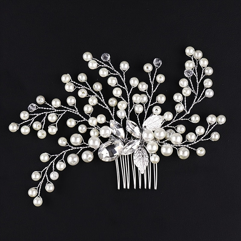 Silver Faux Pearl Crystal Wedding Hair Comb Headband for Bride