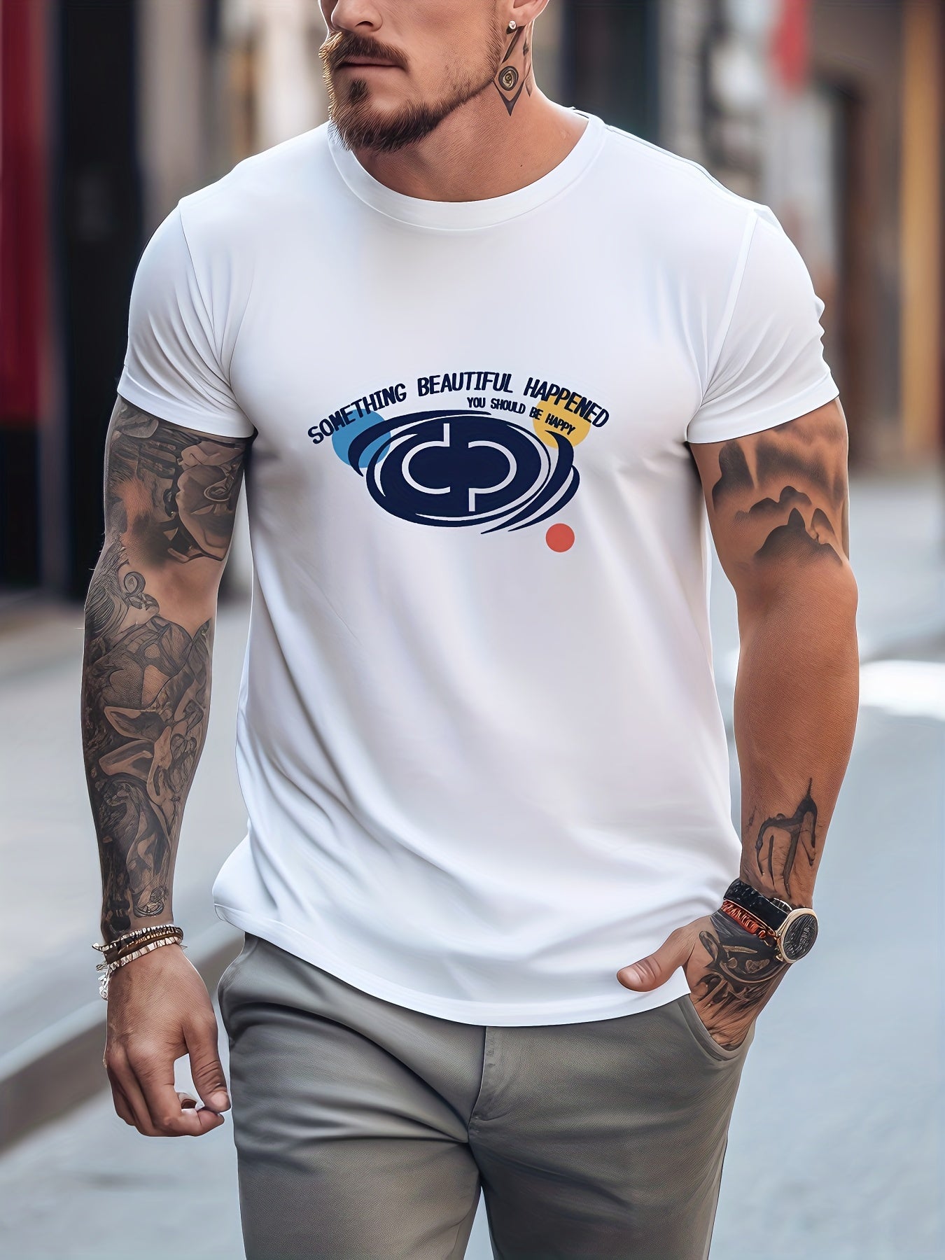 Men's Printed Leisure Sports T shirt Casual Stretch Round Neck Tee Shirt