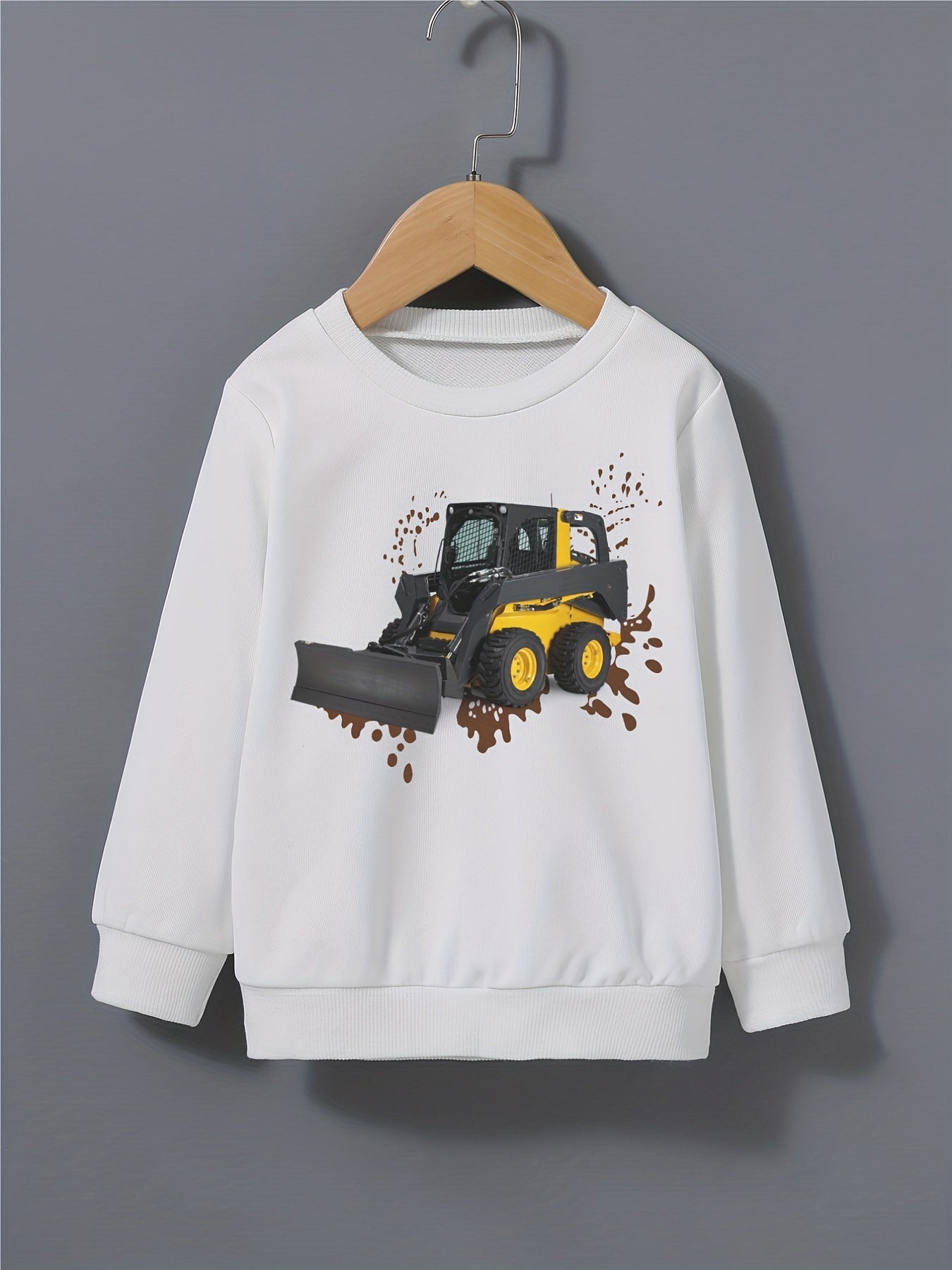 Excavator Mud Road Print Boys Sweatshirt Long Sleeve Crew Neck Tops