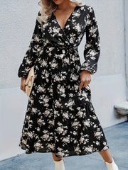 Women's Plus Floral Print Long Sleeve Dress With Belt