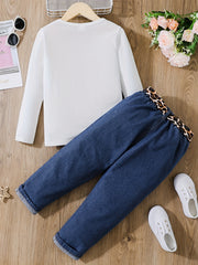 3pc Kid Girl Figure Print Long Sleeve Tee & Belted Ripped Denim Jeans Set
