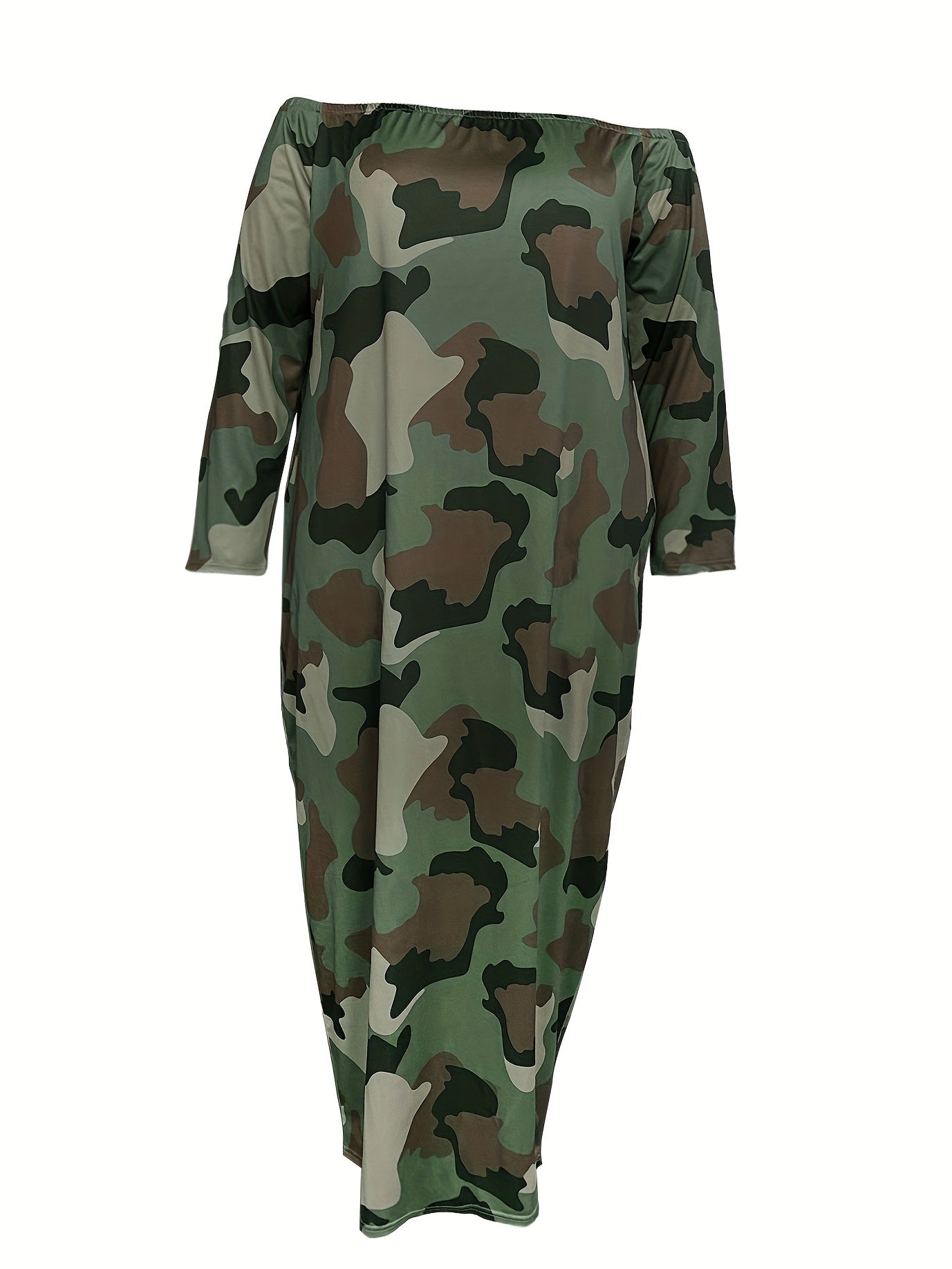 Camo Print Off Shoulder Maxi Dress With Pockets