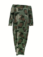 Camo Print Off Shoulder Maxi Dress With Pockets