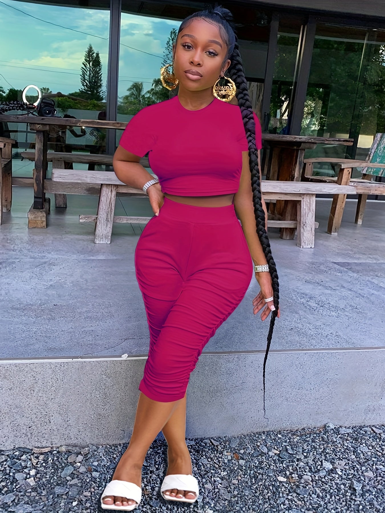 Casual 2pc Set Crew Neck Short Sleeve Crop T-shirt & High Waist Ruched Pants