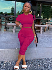 Casual 2pc Set Crew Neck Short Sleeve Crop T-shirt & High Waist Ruched Pants