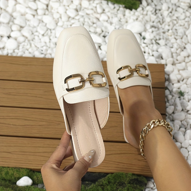 Chunky Heeled Mules Square Toe Slip On Shoes