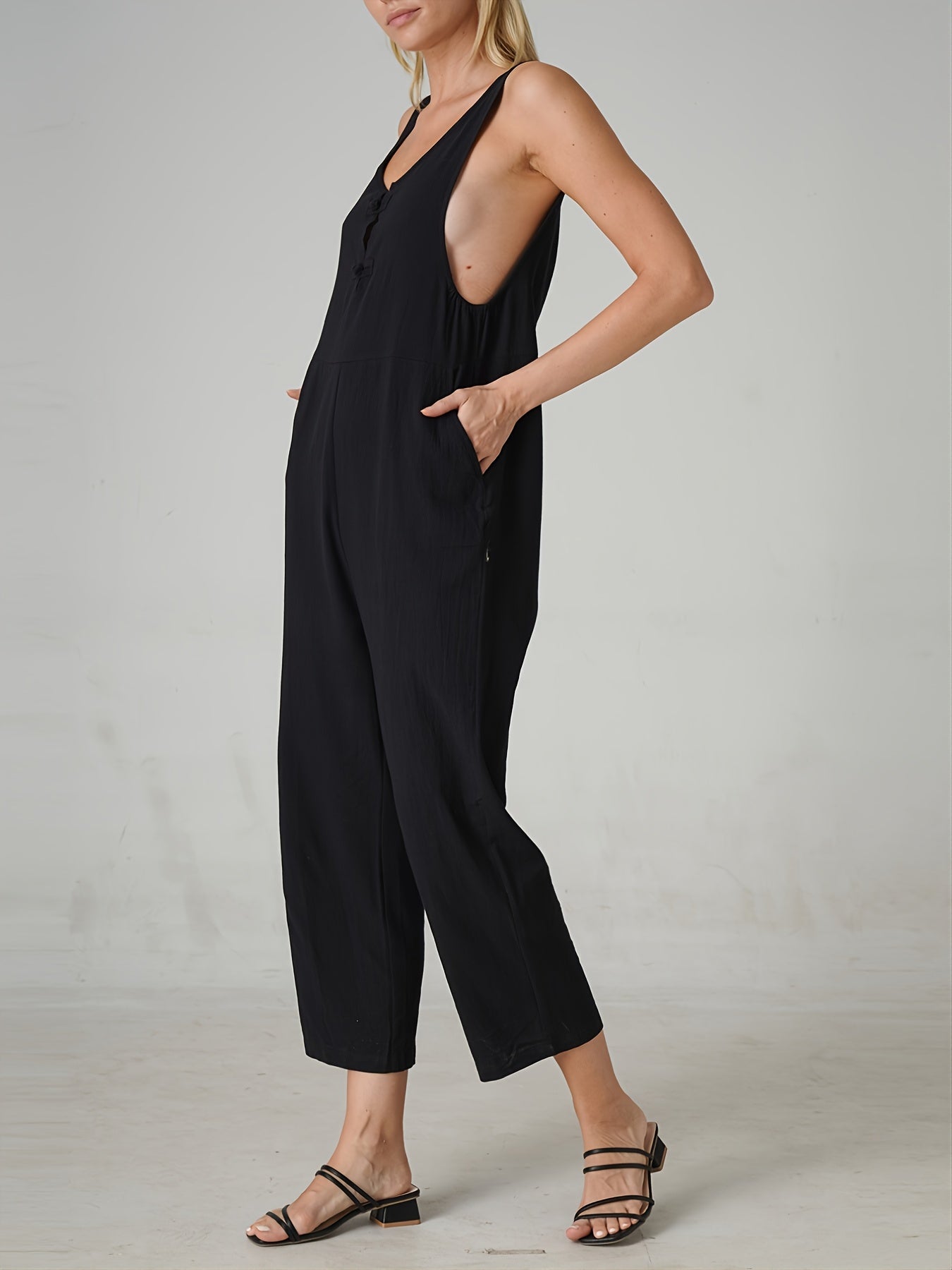 Women's Button Sleeveless V Neck Jumpsuit