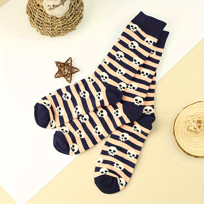 3 Pairs Skull Print Socks Halloween Mid Tube Stockings & Hosiery