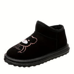 Women's Bear Pattern Plush Thermal Snow Boots Slip-on Flat Walking Shoes