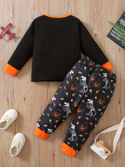 Halloween Print Toddler Kid's Pajamas - Pumpkin Pattern Loungewear Set