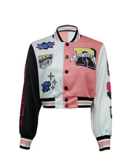 Button Front Varsity Jacket Casual Long Sleeve Baseball Neck Outerwear