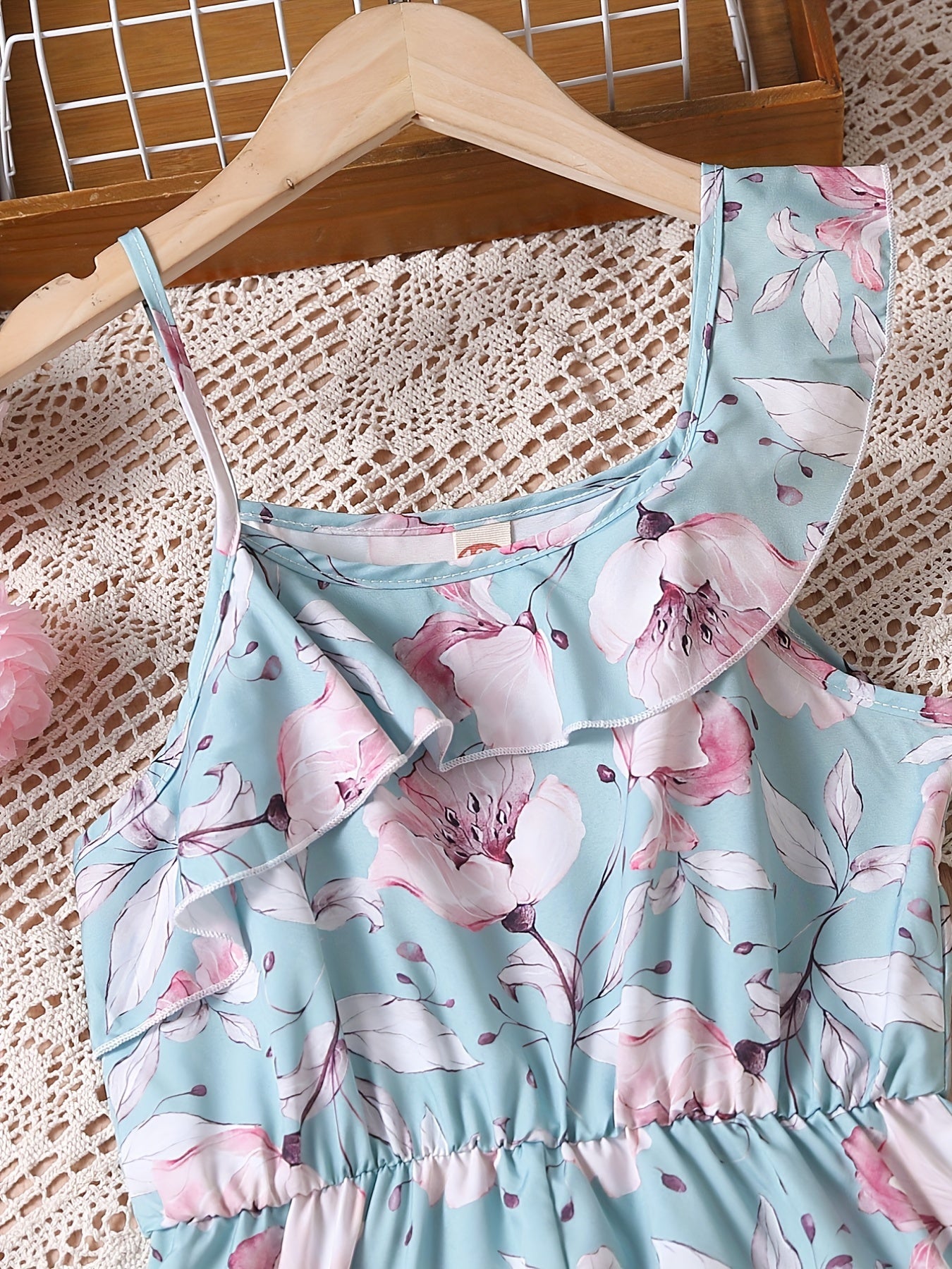 Floral Ruffle Trim Rompers Wide Leg Jumpsuit for Beach Vacation