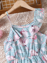 Floral Ruffle Trim Rompers Wide Leg Jumpsuit for Beach Vacation
