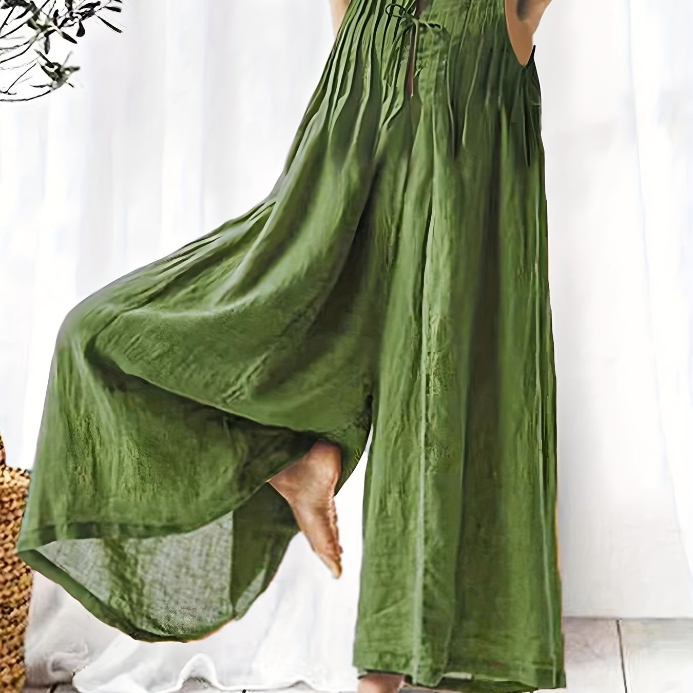 Casual Ruched Wide Leg Jumpsuit Sleeveless Drawstring Summer Jumpsuit