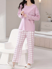 Cartoon Print Pajama Set Long Sleeve Top & Plaid Pants