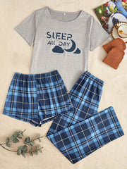 3pc Letter & Plaid Pajama Set Short Sleeve Tee & Shorts Lounge Pants