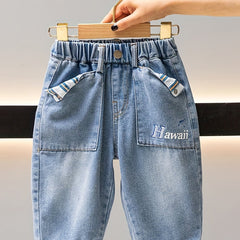 Boys Denim Jeans HAWAII Print Cropped Pants With Pockets