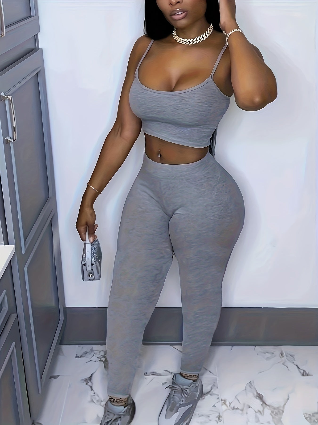Hourglass Two piece Cami Top Set Sexy Crop Cami Top & Casual Pants 2pcs