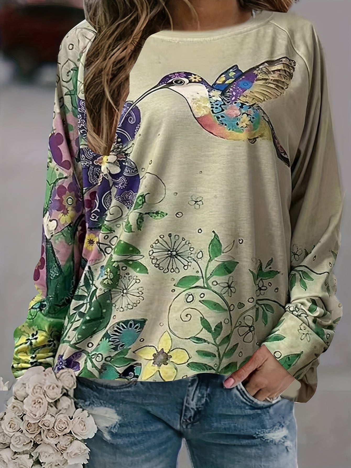 Floral & Bird Print Crew Neck Sweatshirt Women's Casual Long Sleeve Sweatshirt