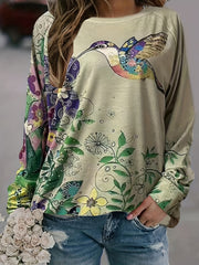 Floral & Bird Print Crew Neck Sweatshirt Women's Casual Long Sleeve Sweatshirt