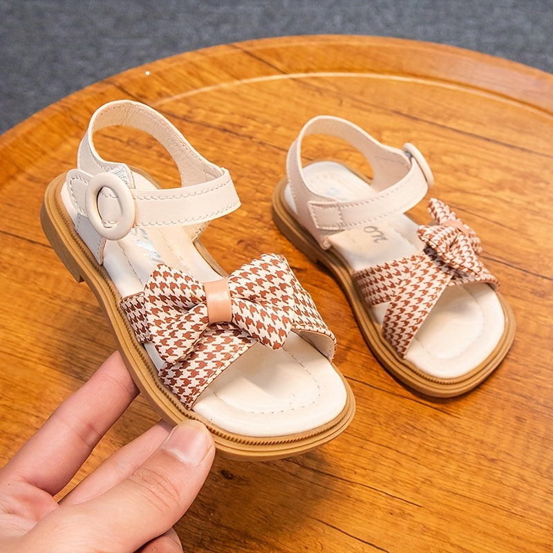Toddler Girls Houndstooth Bowknot Strap Sandals Soft Sole Anti-skid Flat Shoes